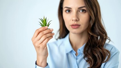 Young businesswoman holds a green sprout in her hand, a powerful concept for new life, startup growth, and eco-friendly business ideas - Powered by Adobe