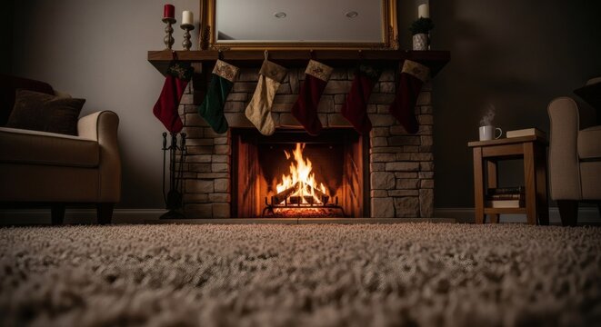 Wide angle cozy living room with glowing fireplace and stockings, soft focus neutral rug foreground for text placement.