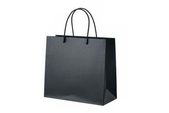 A textured dark gray paper shopping bag with a shimmering striped pattern and braided handles isolated on transparent background