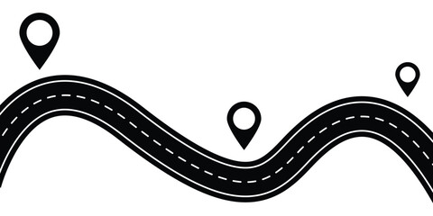 Winding road is leading to different destinations marked with location pins. Top view winding road. Highway symbols. Road signs. Journey traffic curved highway.
