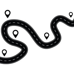 Winding road is leading to different destinations marked with location pins. Top view winding road. Highway symbols. Road signs. Journey traffic curved highway.