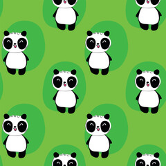 Naklejka premium Seamless pattern with cute panda baby on color background. Funny asian animals. Card, postcards for kids. Flat vector illustration for fabric, textile, wallpaper, poster, gift wrapping paper.