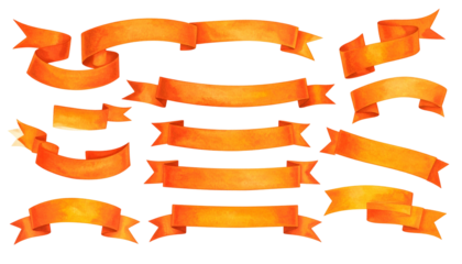 Collection of various orange watercolor ribbons, banners, and scrolls with textured appearance
