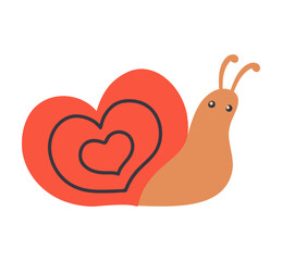 Snail with Heart-Shaped Shell. Naive Vector Illustration on Transparent Background for Valentine&rsquo;s Day Cards, Animal Stickers