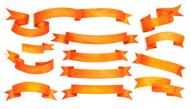 Collection of various orange watercolor ribbons, banners, and scrolls with textured appearance