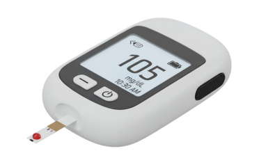 3d icon of blood glucose meter with test strip showing a reading of 105, isolated on transparent background, used for monitoring diabetes and health