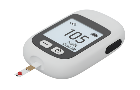 3d icon of blood glucose meter with test strip showing a reading of 105, isolated on transparent background, used for monitoring diabetes and health