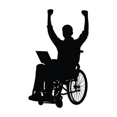 Happy disabled man in wheelchair raising hands with laptop celebrating success silhouette vector illustration.