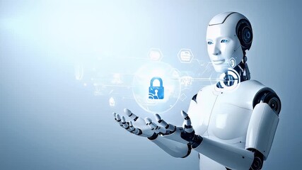 AI-powered cybersecurity concept showing a humanoid robot managing data protection and network safety with a digital padlock - Powered by Adobe