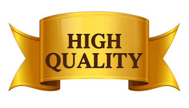 A golden, ornate ribbon banner with the words "HIGH QUALITY" in elegant capital letters - Powered by Adobe