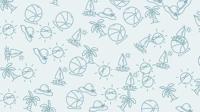 Pattern holiday doodles featuring beach themed elements  hats, boats, palm trees, and beach balls. Perfect for summer designs.