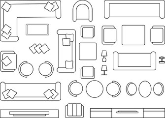 Furniture outline topview, architecture and interior design symbols, floor plan icpn set, editable stroke vector for real estate