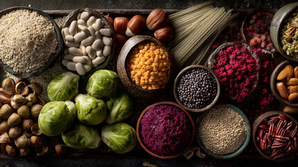 Overhead shot of various bowls and piles of nuts, grains, and vegetables