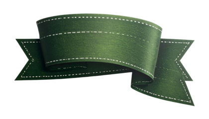A dark green decorative ribbon with white stitching and an ornate, detailed design