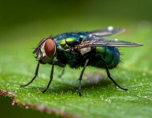 A vibrant macro of a common iridescent fly on a green leaf