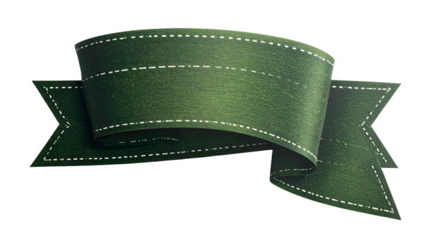 A dark green decorative ribbon with white stitching and an ornate, detailed design