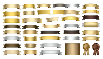 A collection of various horizontal banners and ribbons in shades of gold, brown, and silver