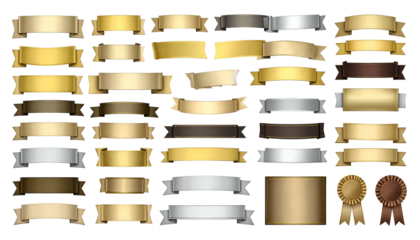 A collection of various horizontal banners and ribbons in shades of gold, brown, and silver