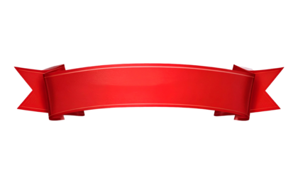 A vibrant, glossy red banner ribbon, with decorative edges, floating against a black background