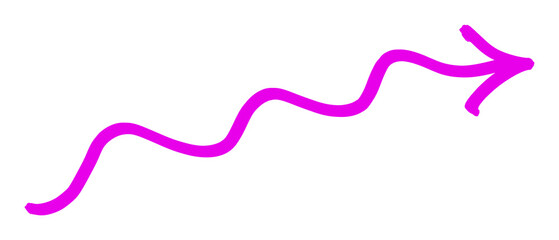 Hand drawn magenta curly arrow PNG. Doodle line arrow. 