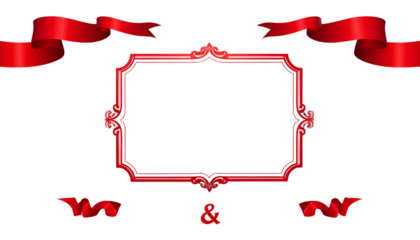 Elegant red and white framed design with decorative scrolls and flowing ribbons on black background