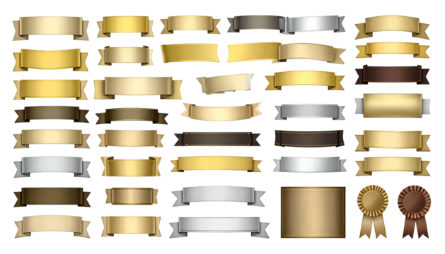 A collection of various horizontal banners and ribbons in shades of gold, brown, and silver