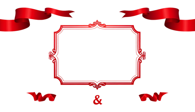 Elegant red and white framed design with decorative scrolls and flowing ribbons on black background