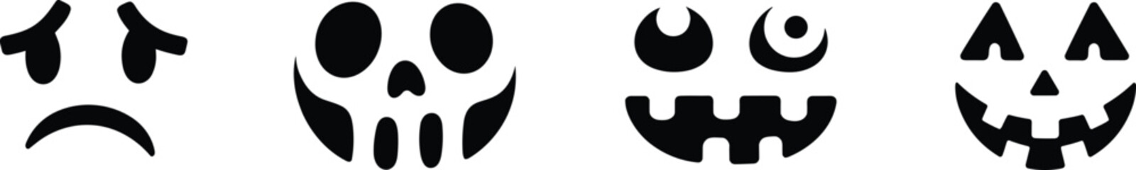 Halloween face silhouettes, spooky monster expressions, scary skull design, jack-o'-lantern template, black vector art, creepy emotion, festive graphic, decoration icon