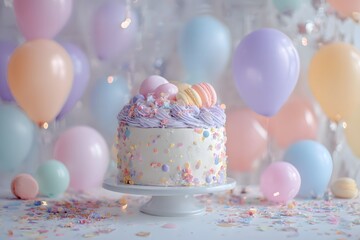 Cake surrounded by balloons and confetti on decorated table, soft diffused light, pastel colors. High quality photo
