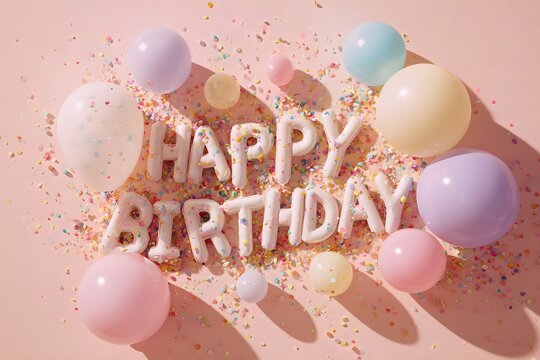  Abstract flat lay of balloons, confetti, and small decorative elements forming subtle Happy Birthday text, bright pastel tones, soft shadows, clean commercial composition . High quality photo