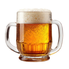 Beer-filled glass mug with thick white foam, set against a black background