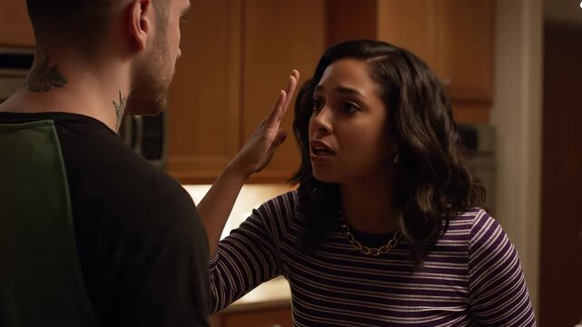 Couple arguing intensely in kitchen. Close-up shot of emotional conflict and frustration. Relationship problems, marital strife, disagreement.