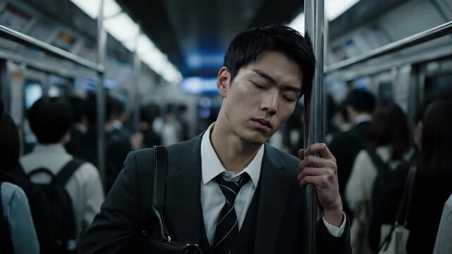 Tired Businessman Sleeping While Standing on a Crowded Train