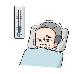 寒さで眠れない高齢男性のイラスト