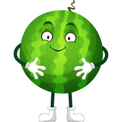 A cartoon watermelon character with arms and legs standing with a smiling expression and wearing white shoes on a transparent background.
