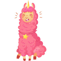 A cheerful cartoon llama wearing a pink fluffy coat and a unicorn horn standing against a white background with sparkling effects and a star collar accessory symbolizing joy and fantasy