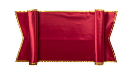 Red banner with gold trim, rolled up on sides, ideal for announcements or messages