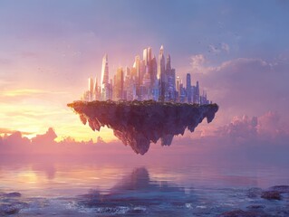 Naklejka premium Stock image Futuristic cityscape with floating island in sunset