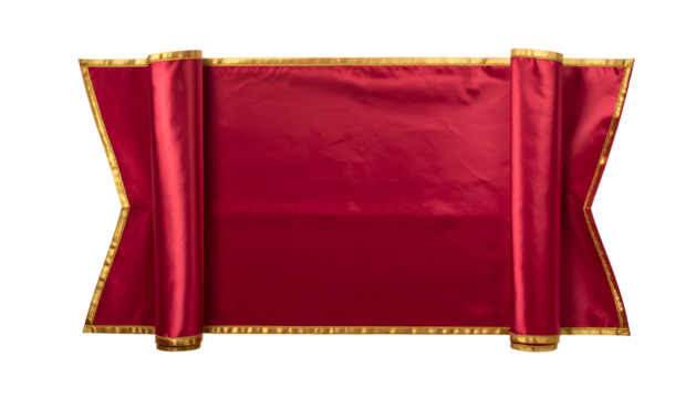 Red banner with gold trim, rolled up on sides, ideal for announcements or messages