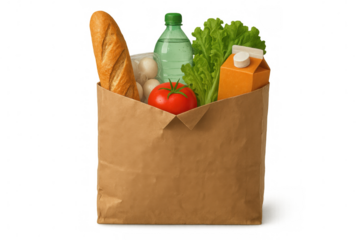 Brown paper bag filling with fresh groceries, produce, food items, drinks, for shopping and delivery, transparent background