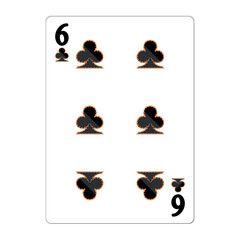 Six of clubs. Playing card with golden elements. Casino icons. Pictograms representing different suits. Vector illustration. Flat design for modern visual elements.