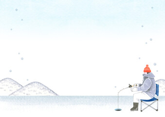 ワカサギ釣り 魚釣り　人物 背景　水彩 イラスト