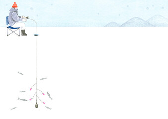 ワカサギ釣り 魚釣り　人物 背景　水彩 イラスト