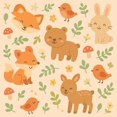 Obraz premium Vector Pattern Illustration of Cute Woodland Animals in Modern Organic Style with Soft Earth Tones