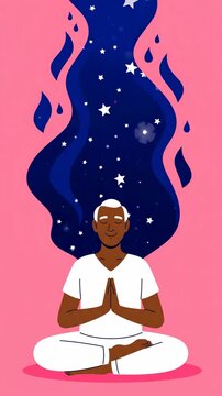 Person in lotus position with celestial hair on pink background. Serene illustration of meditative figure. Inner peace, cosmic connection, spiritual journey.