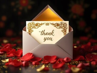 A decorative thank you card, featuring golden flourishes, emerges from a luminous open envelope, horizontal composition. Rich red petals and sparkling gold glitter adorn the dark surface.