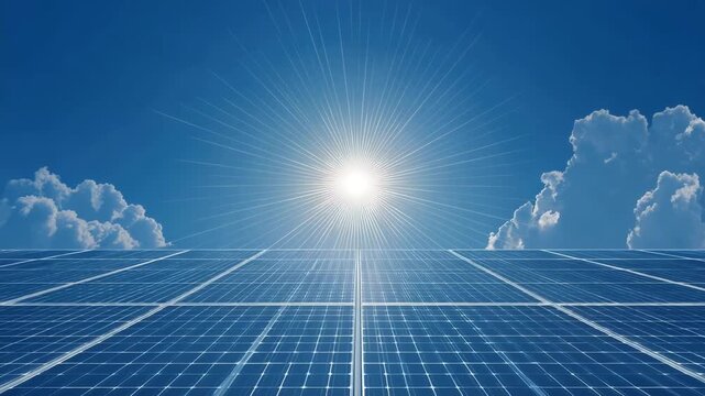 Solar panels absorb sunlight on a clear day with fluffy clouds