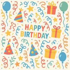 Vector Pattern Festive Birthday Celebration with Balloons Presents Party Hats and Stars in Bright Colors
