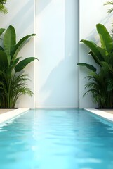 Blue pool water gleams, surrounded by green tropical plants and a bright white wall, vertical composition. Sunlight creates deep shadows, enhancing the clean and minimalist scene.