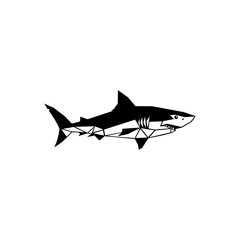 Black and white geometric shark illustration, side view, with a modern, stylized design.
